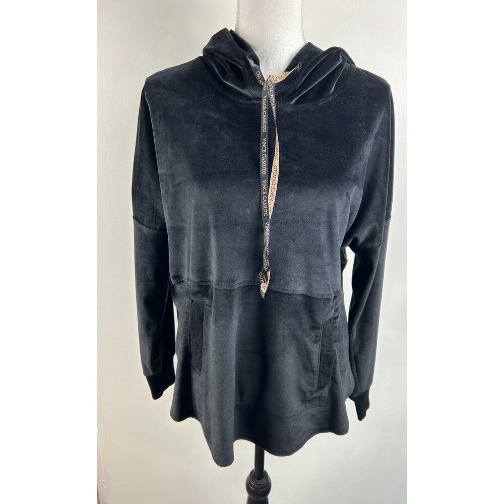 Vince Camuto Women's Black Velour Hooded Pullover Top Cozy Soft Lounge Wear Sz M